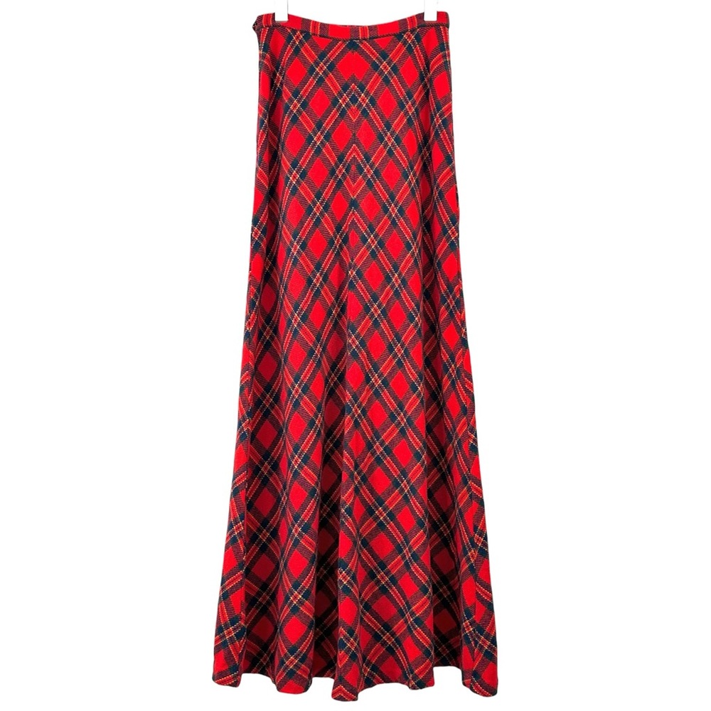 Vintage Prestige of Boston Red Tartan Plaid High Waisted Wool Maxi Skirt sz 14 - Picture 2 of 7